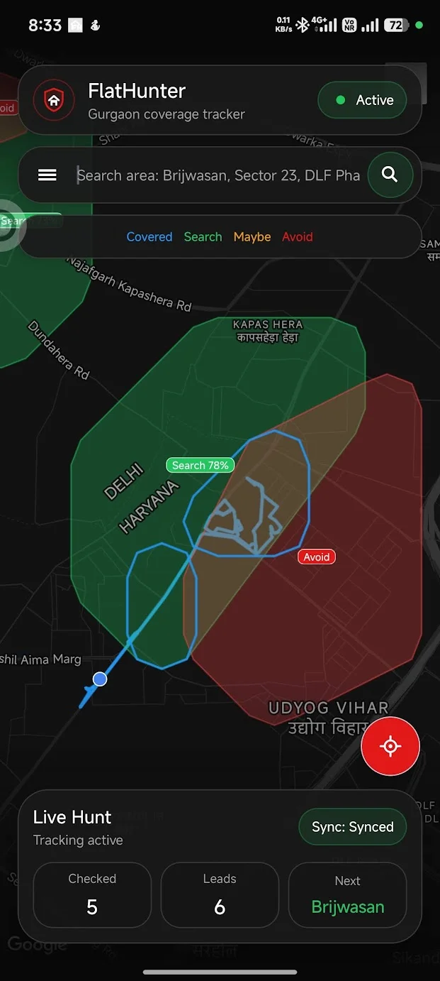 FlatHunter map with a blue coverage trail and Search and Avoid areas.