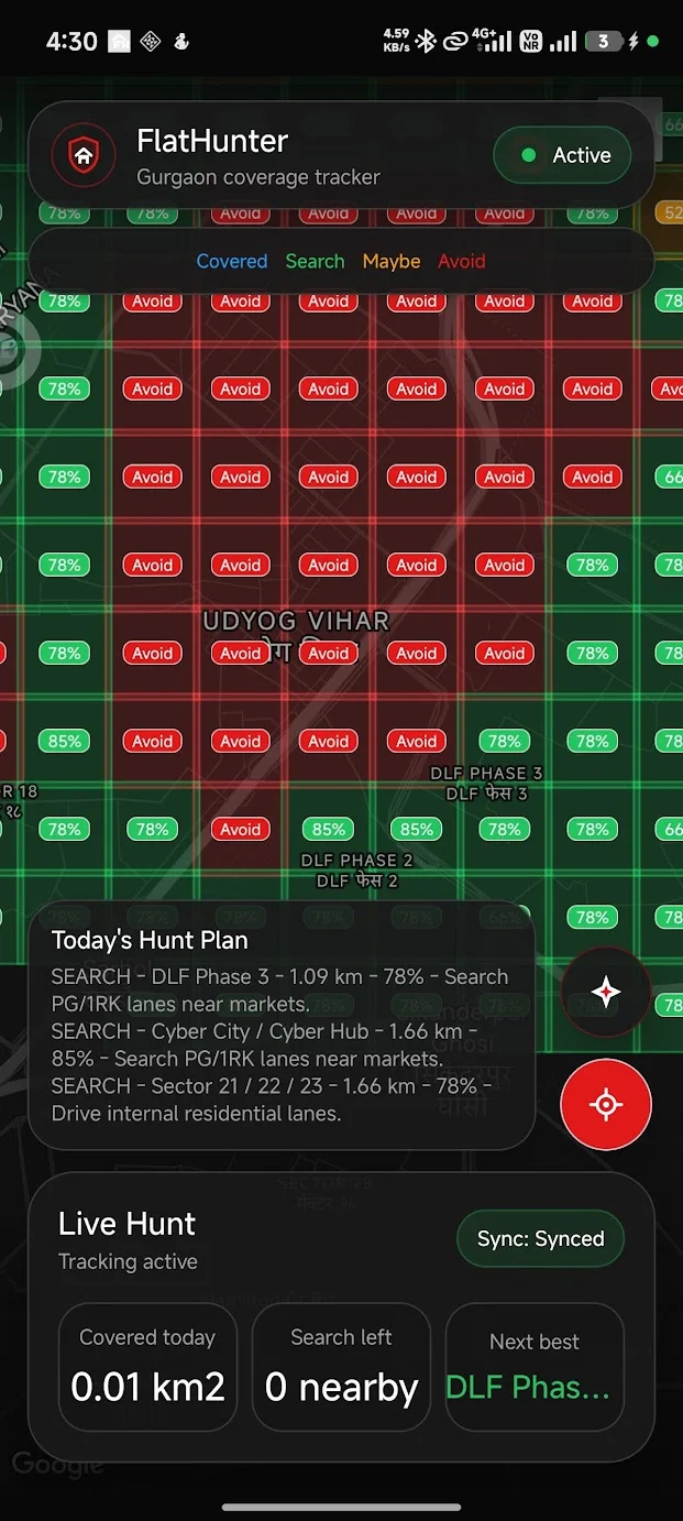 FlatHunter map with a scoring grid and hunt plan.
