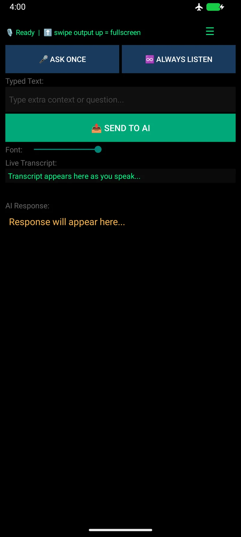 Actual HelperAI home screen with Ask Once, Always Listen, typed context and empty transcript and answer areas.