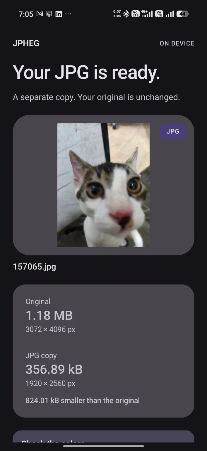 JPHEG on a phone showing a cat photo and Your JPG is ready, with original and JPEG file details.