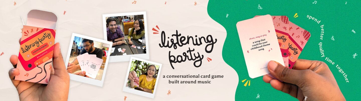 Listening Party’s owned game artwork showing prompt cards, the game box and groups of friends sharing music.