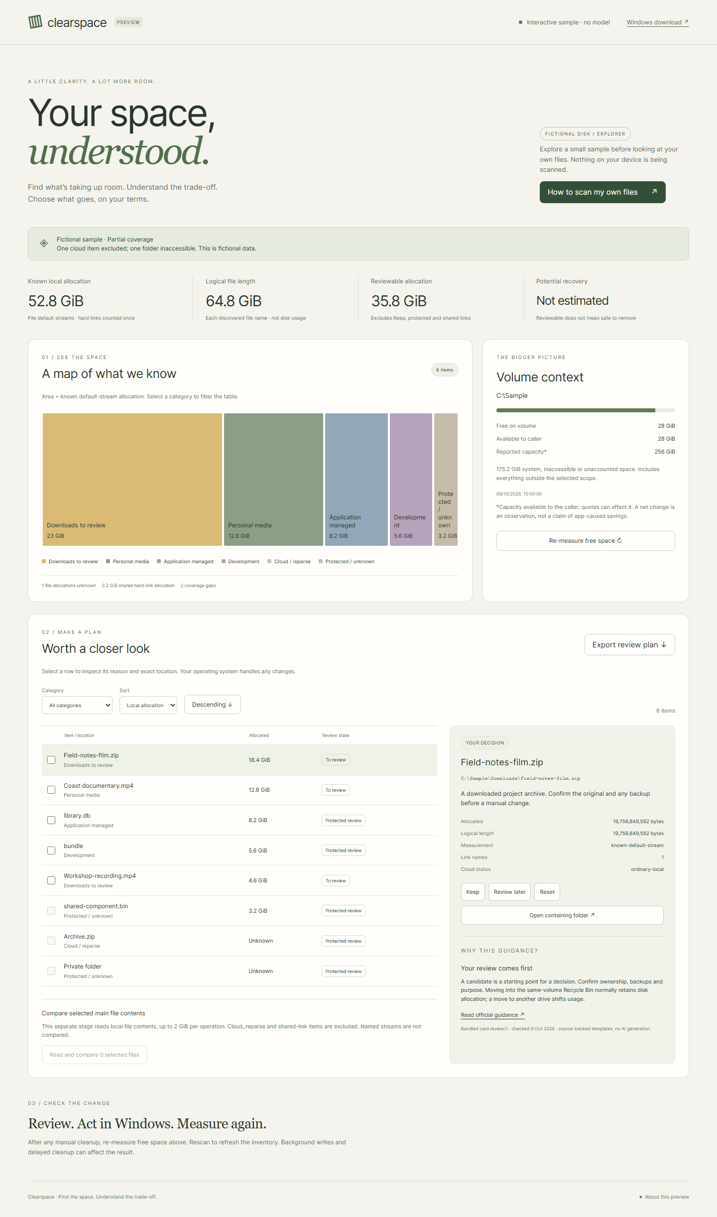 Clearspace’s fictional disk explorer showing allocation, review categories, coverage gaps and a selected sample file.