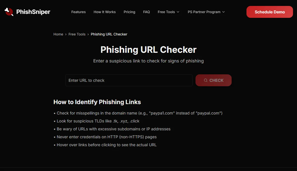 PhishSniper’s actual public URL checker with its input and practical guidance.