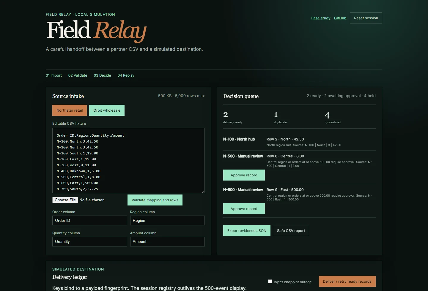Field Relay’s actual workbench, with the original CSV and review decisions beside each other.