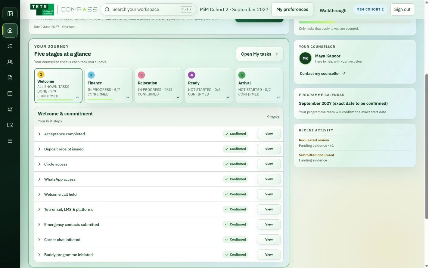 Tetr Compass student journey on desktop.