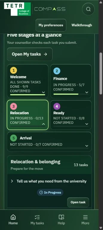 Tetr Compass mobile view showing five journey stages and relocation tasks.