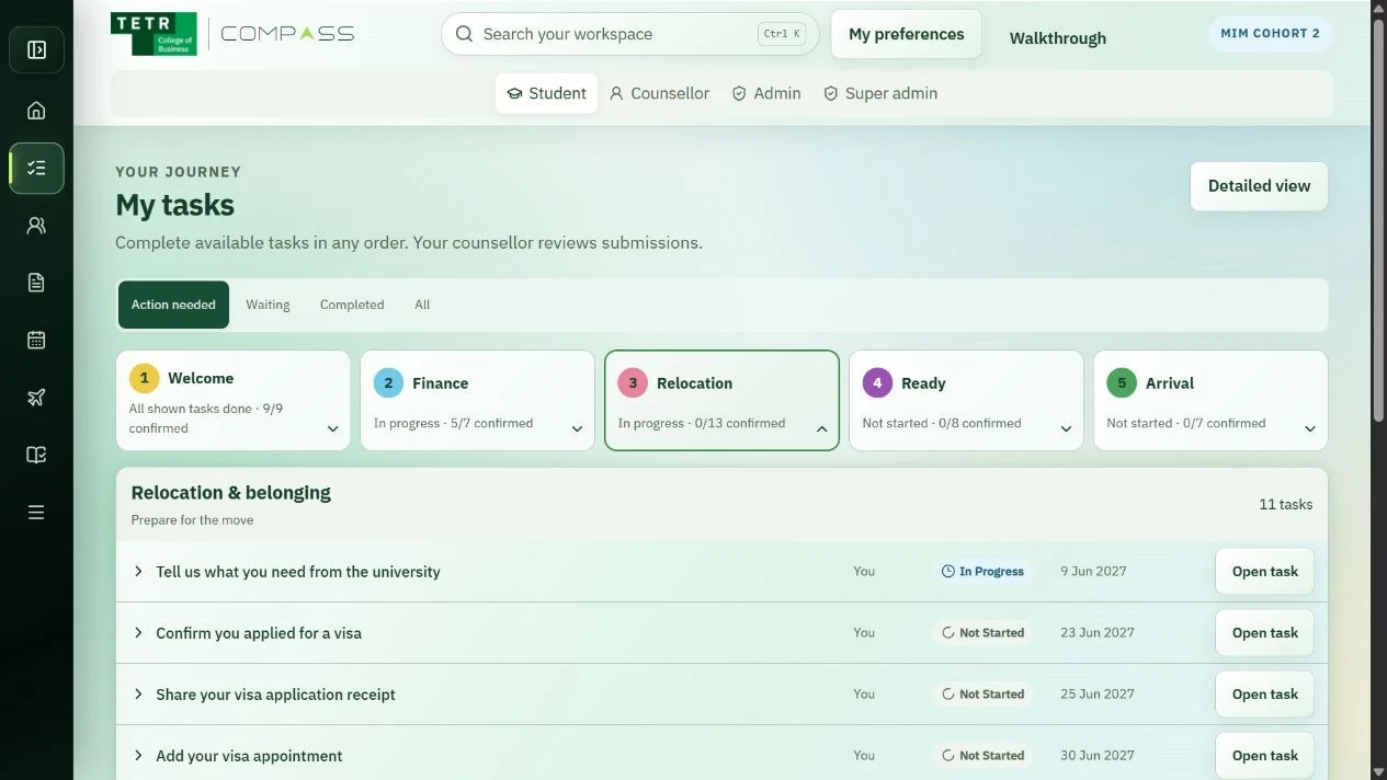 Tetr Compass desktop interface with five student journey stages and a relocation task list.