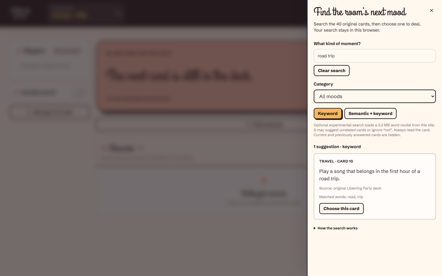 Live Listening Party prompt finder on 15 October 2026, showing a road-trip card with matched-word evidence and recovery controls.